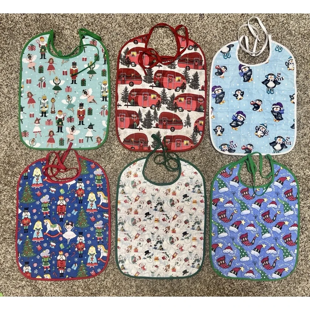 Lot Of 6 Quilted Handmade Christmas Baby Bib Large‎ Size 12